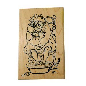 Old Woman In Chair Foot Bath Funny Rubber Stamp Wooden Block Craft Stamping